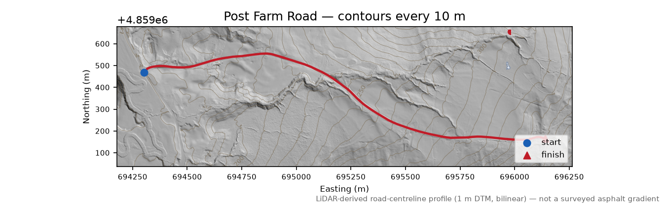 Post Farm Road LiDAR hillshade map with contours