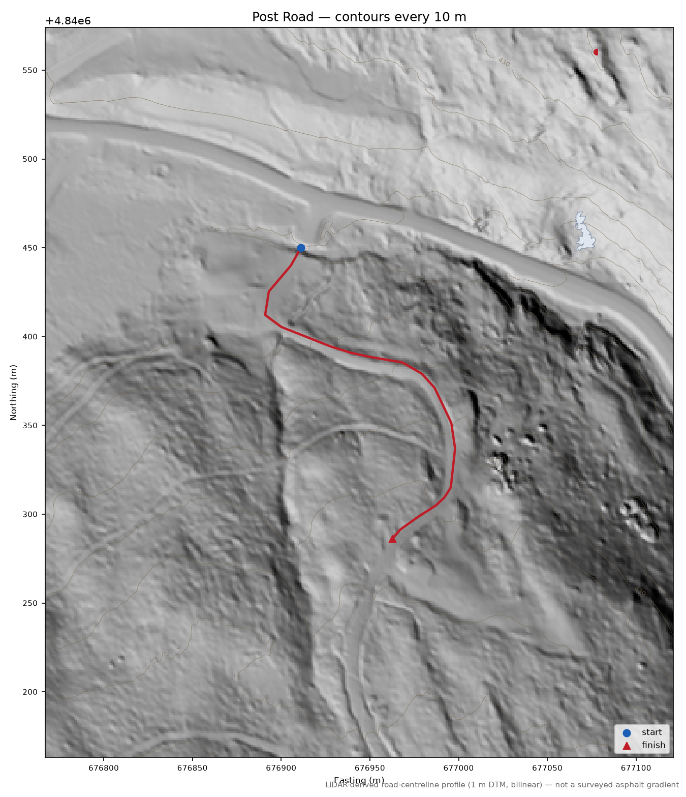 Post Road LiDAR hillshade map with contours