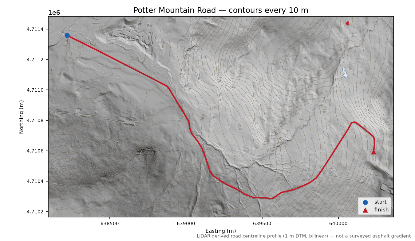 Potter Mountain Road LiDAR hillshade map with contours