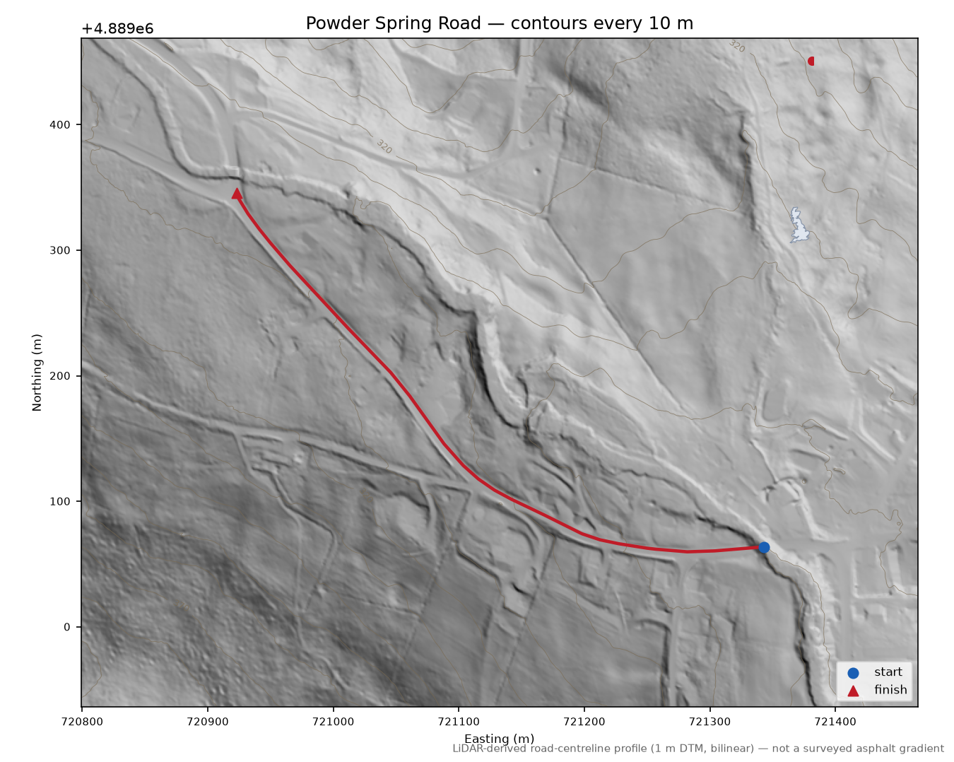 Powder Spring Road LiDAR hillshade map with contours