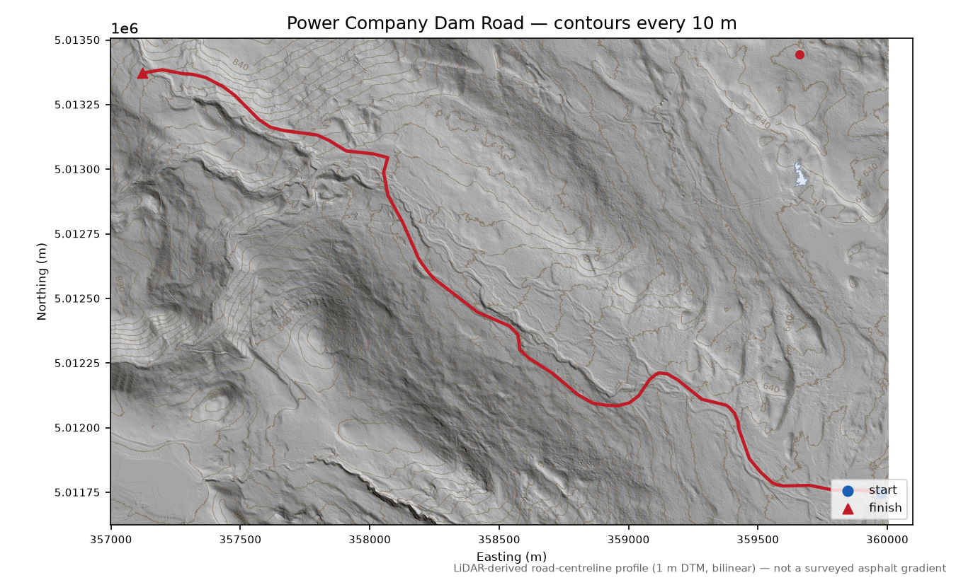 Power Company Dam Road LiDAR hillshade map with contours
