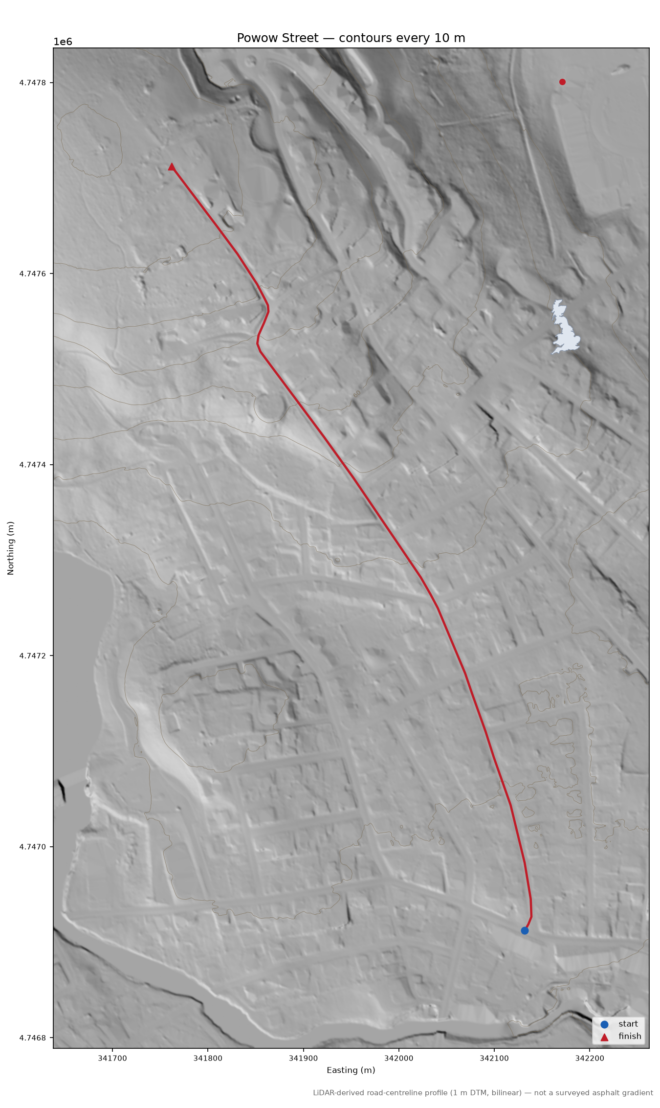 Powow Street LiDAR hillshade map with contours