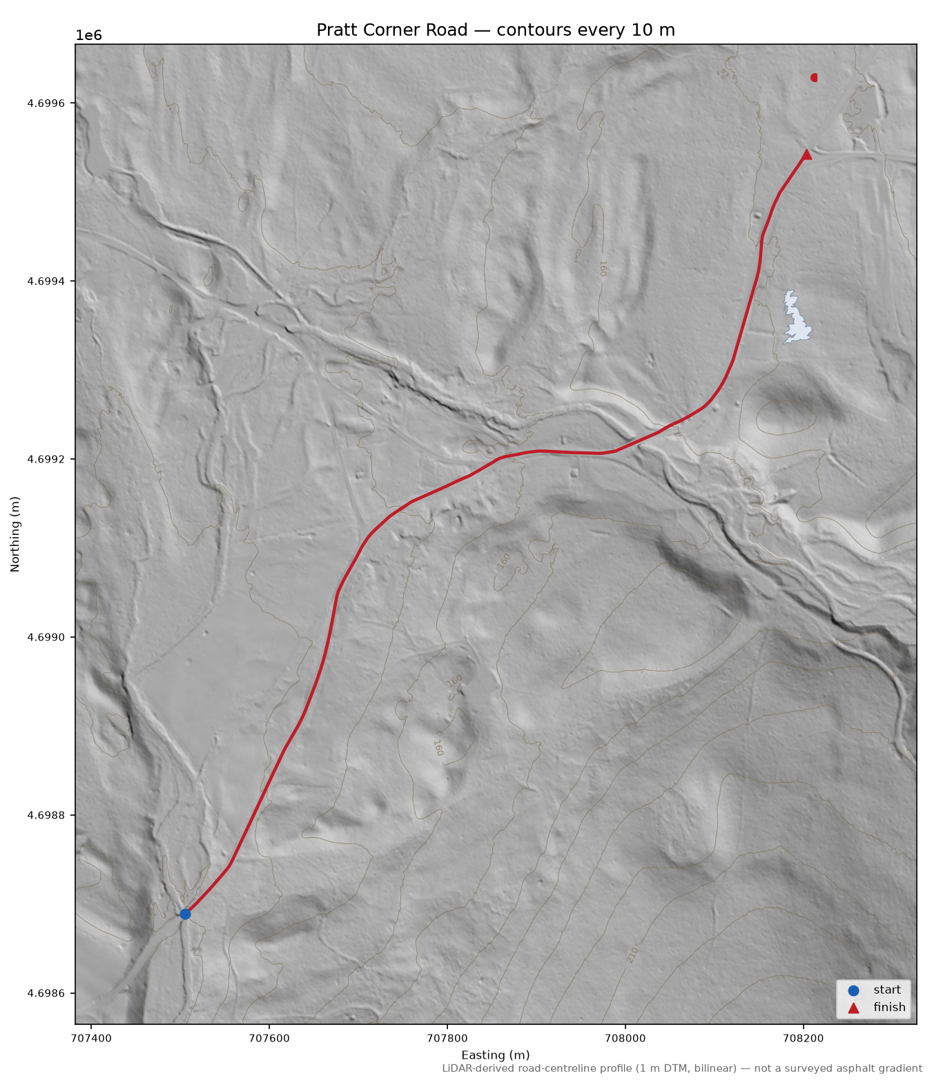 Pratt Corner Road LiDAR hillshade map with contours