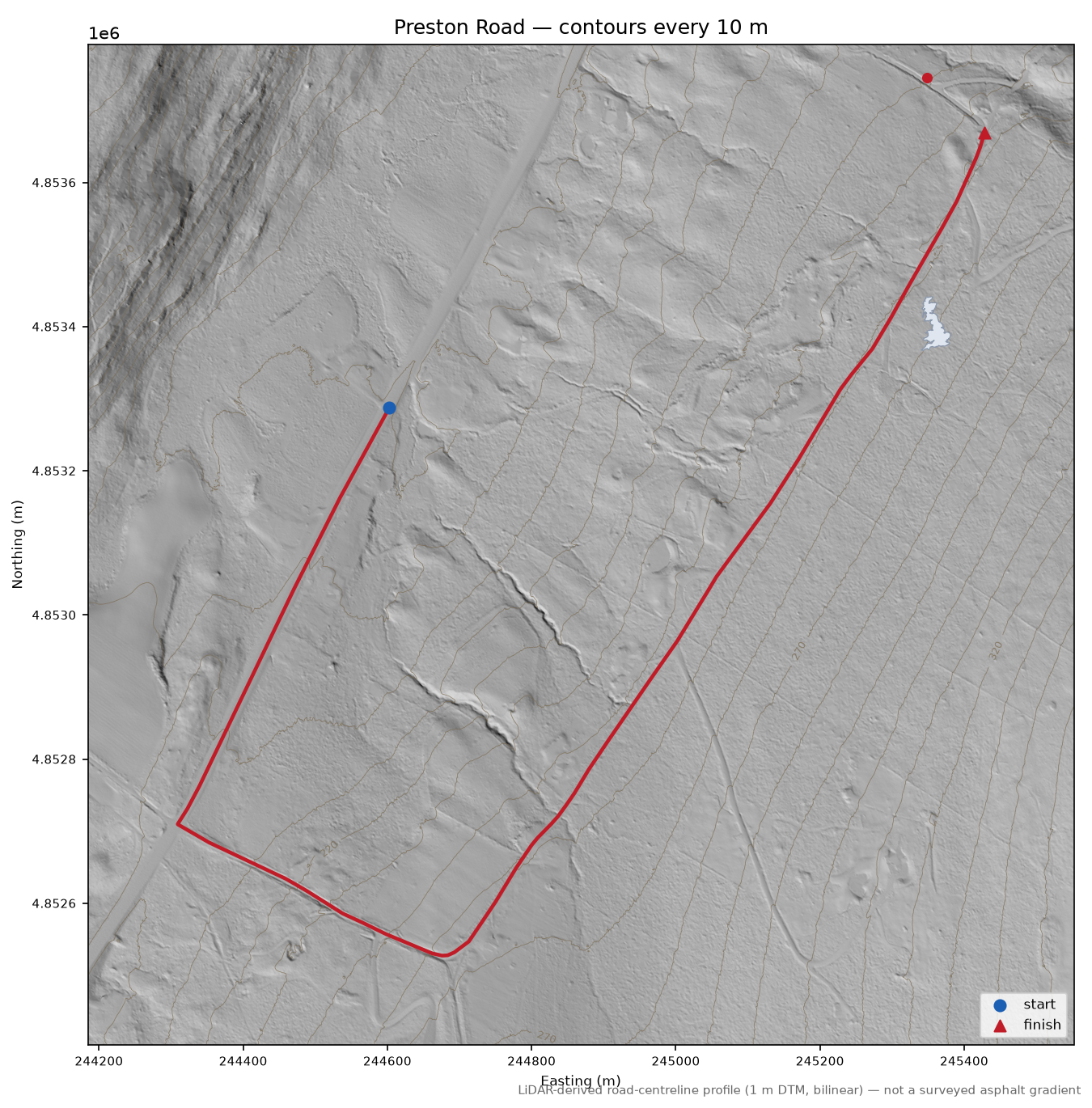 Preston Road LiDAR hillshade map with contours