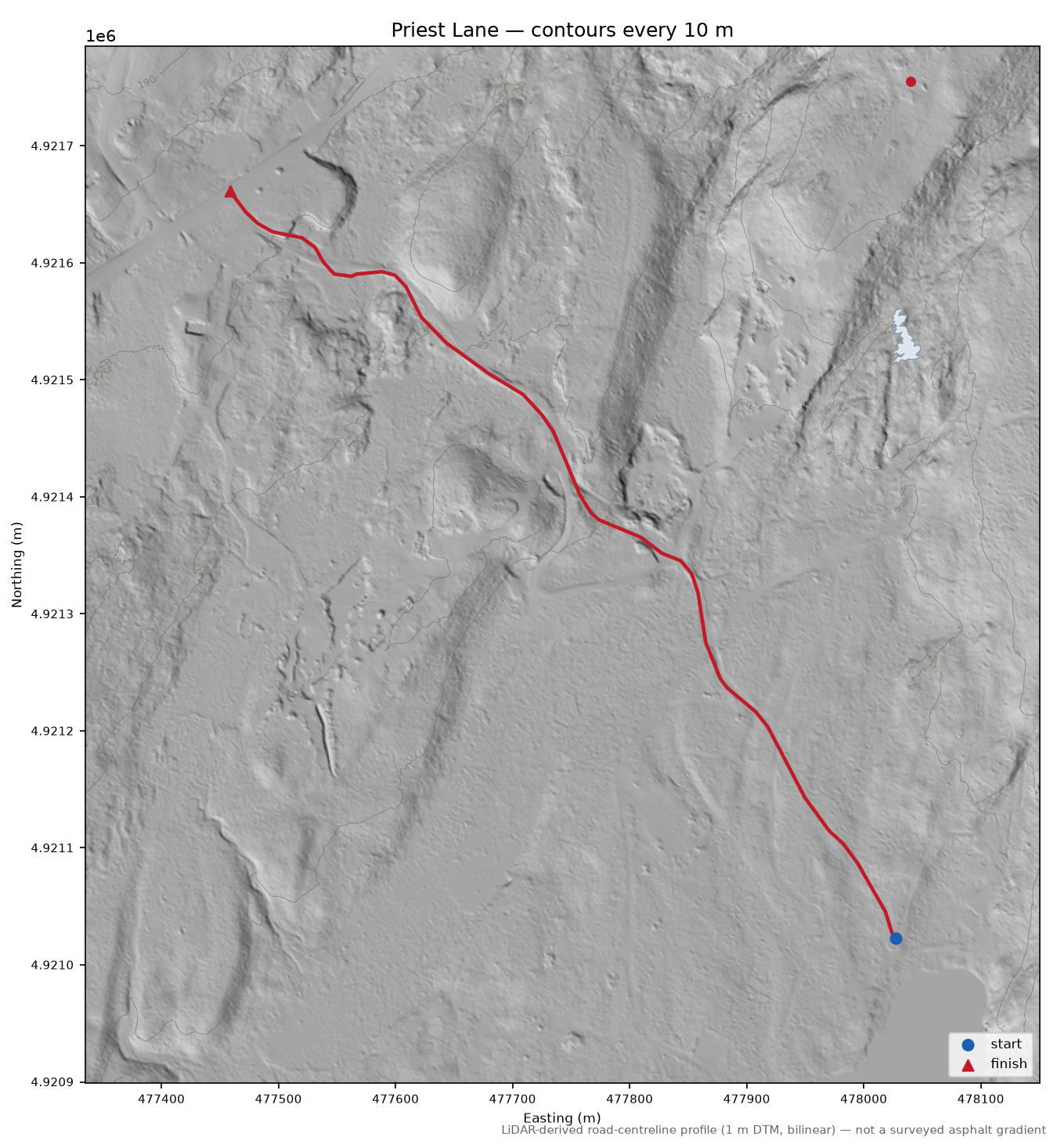 Priest Lane LiDAR hillshade map with contours