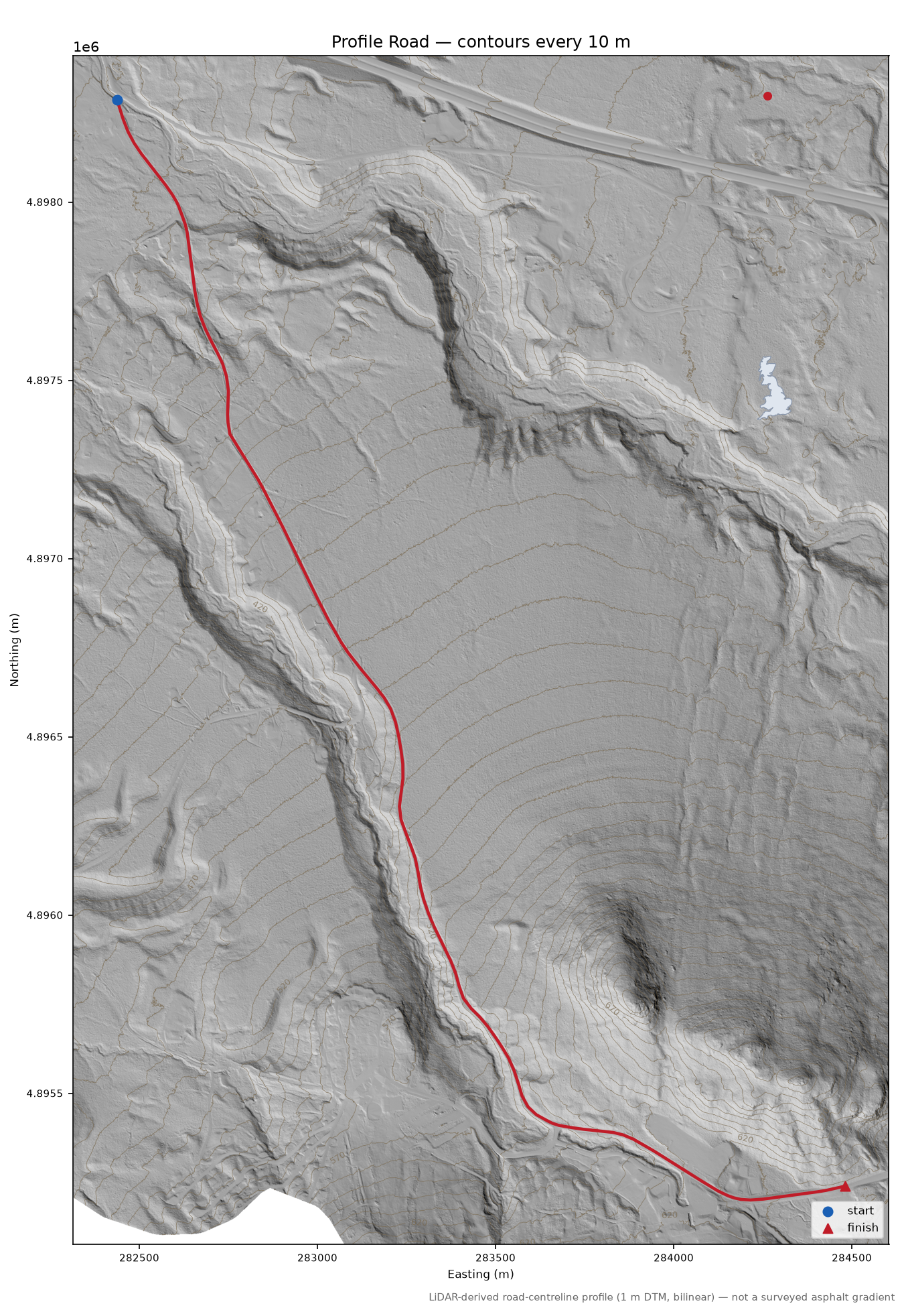 Profile Road LiDAR hillshade map with contours