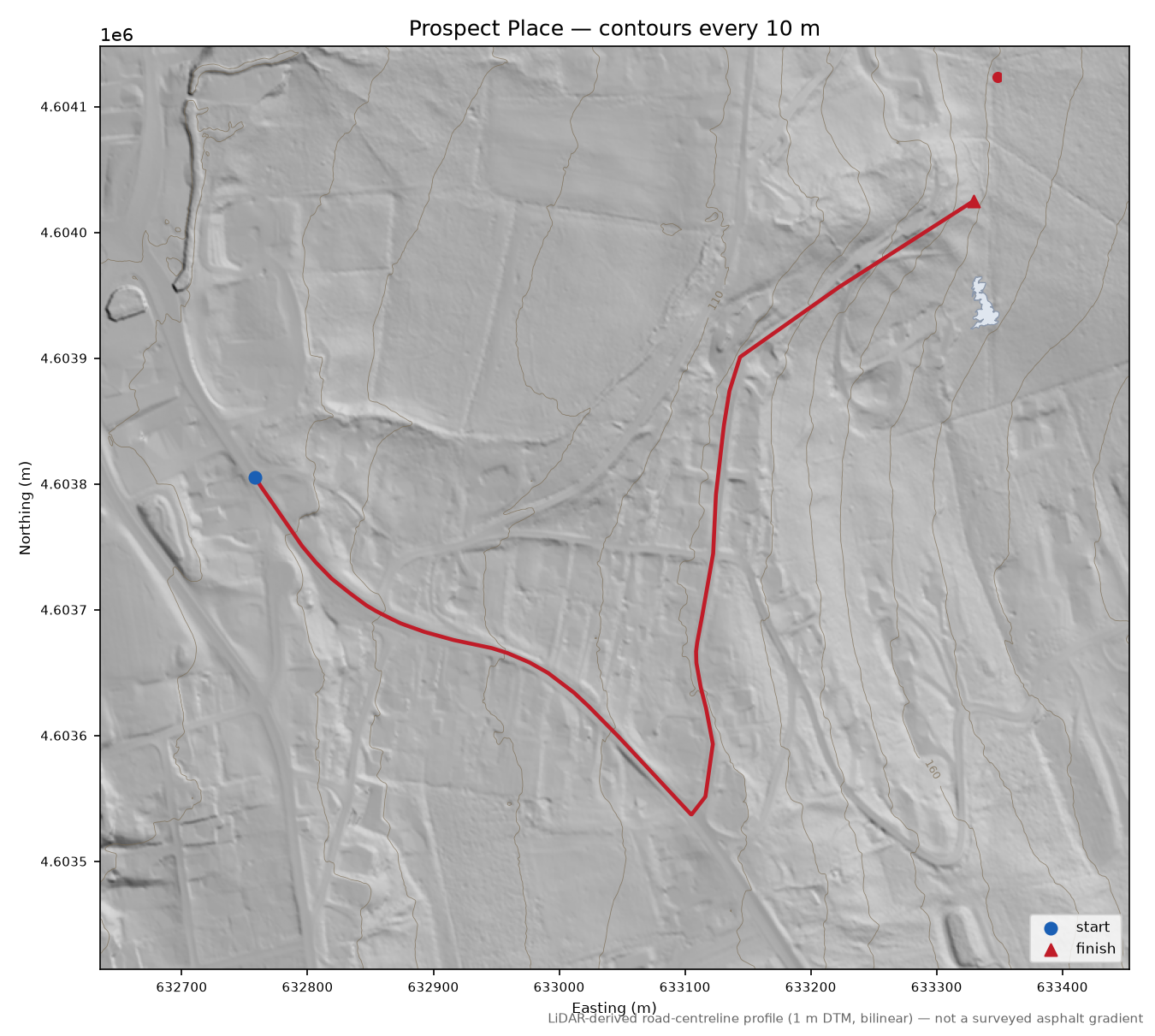 Prospect Place LiDAR hillshade map with contours