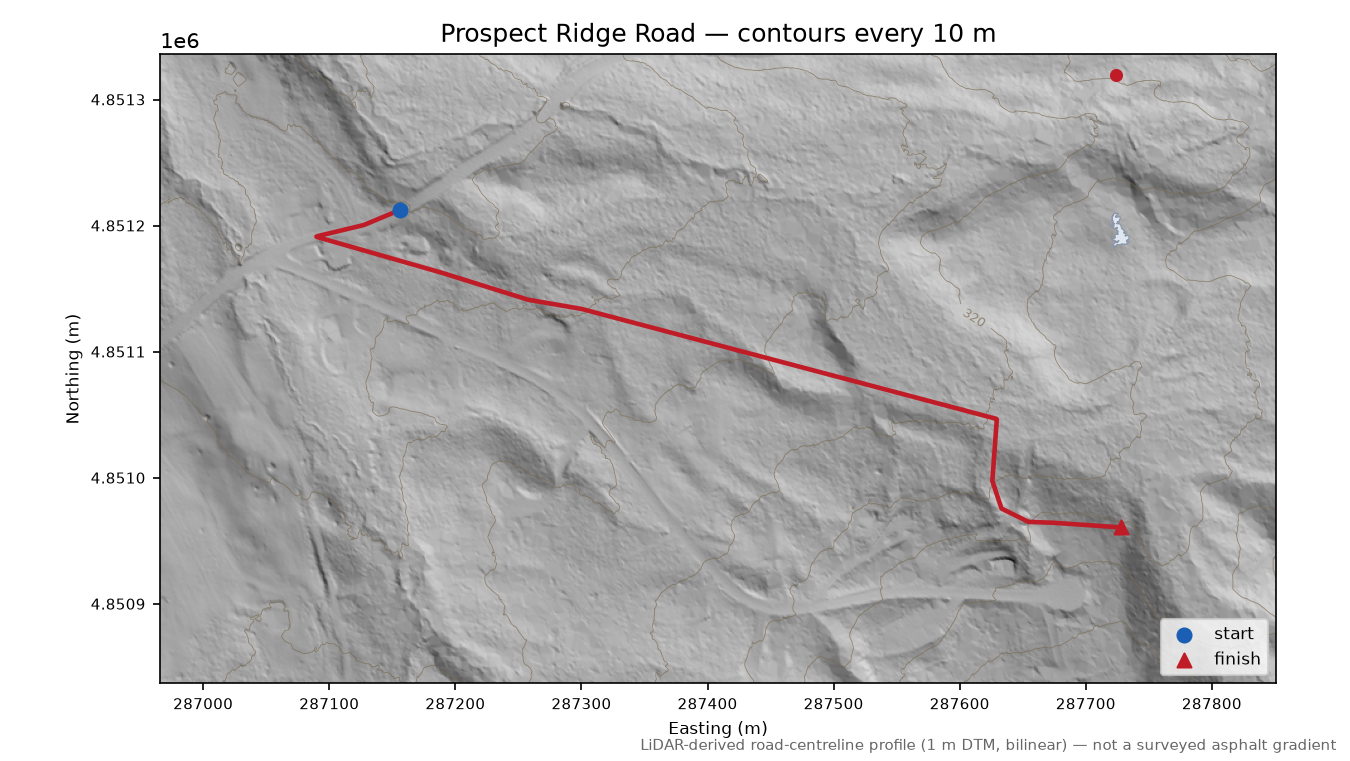 Prospect Ridge Road LiDAR hillshade map with contours