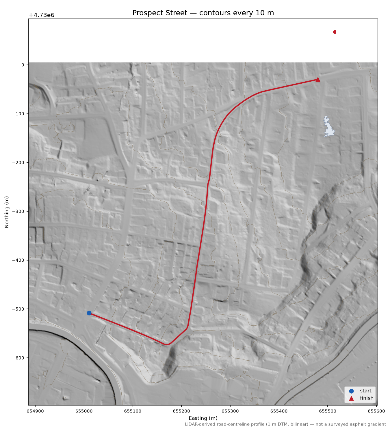 Prospect Street LiDAR hillshade map with contours