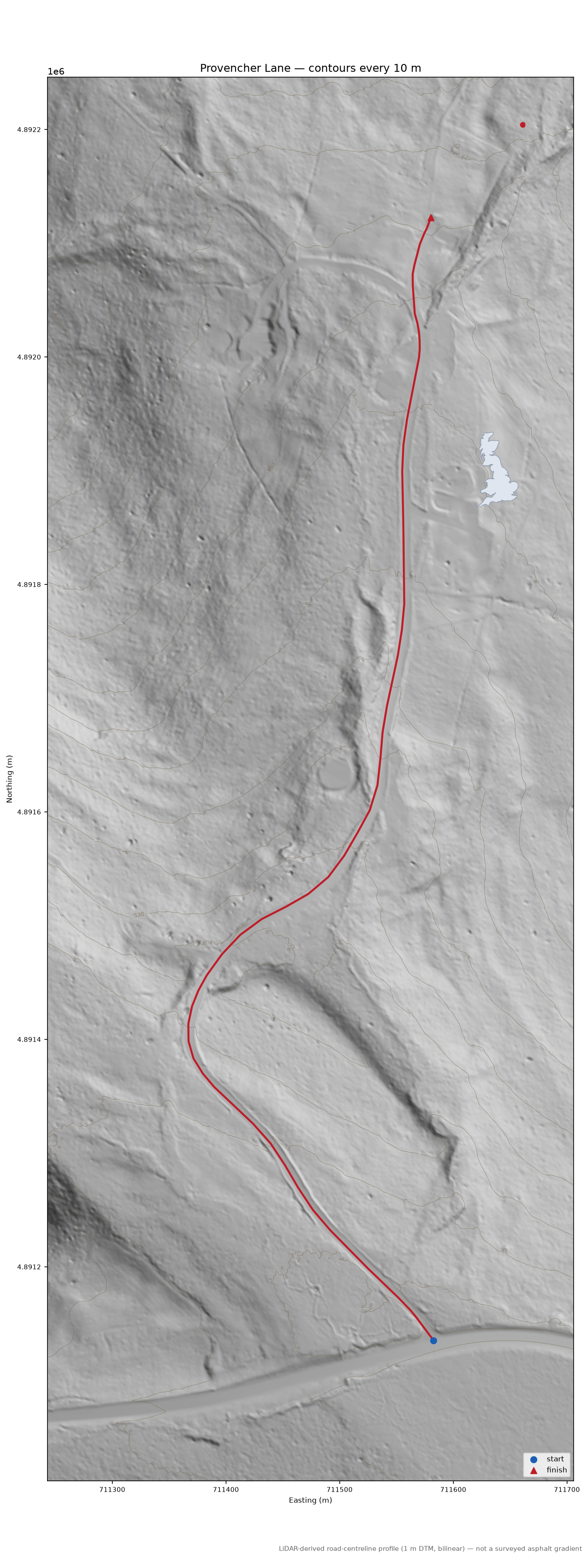 Provencher Lane LiDAR hillshade map with contours