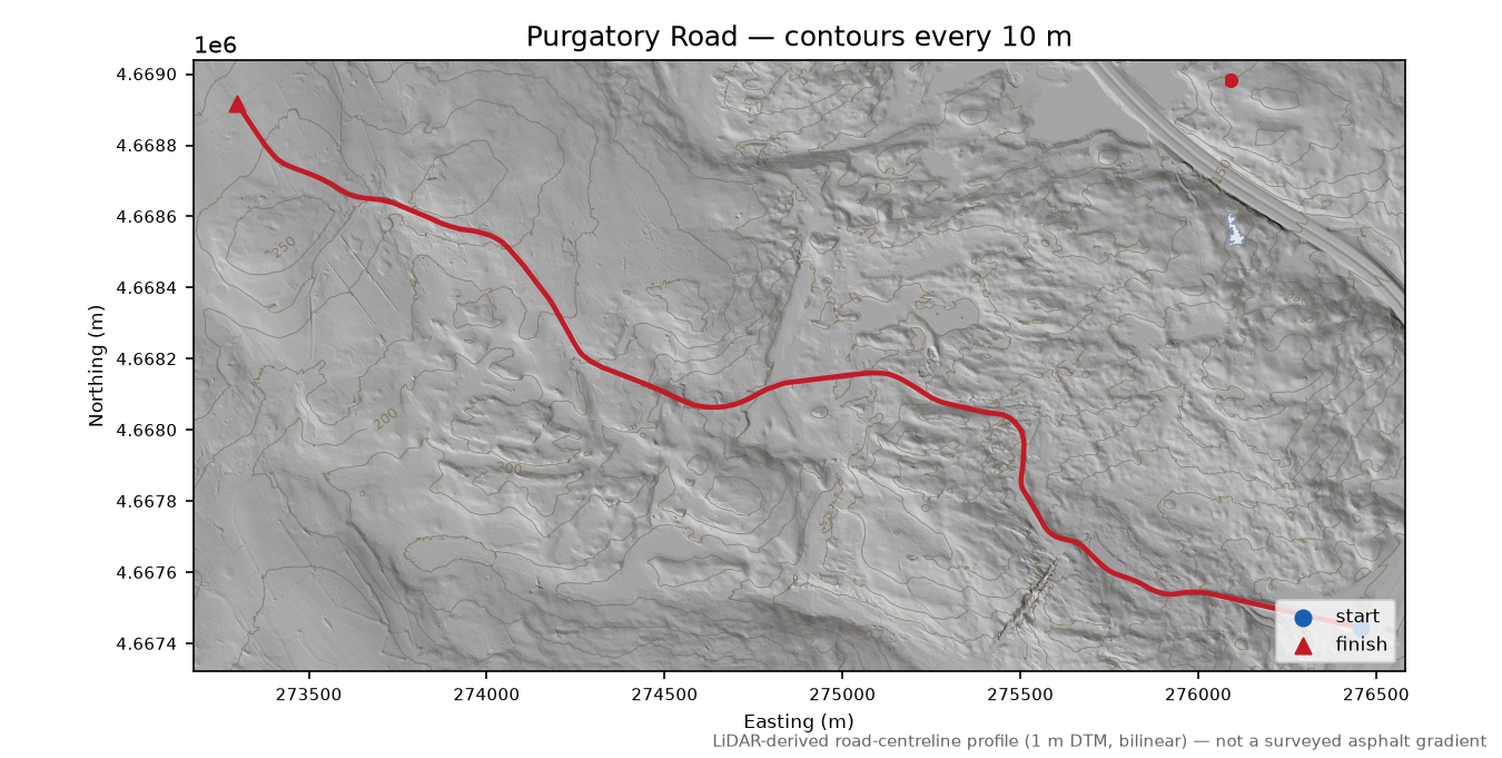 Purgatory Road LiDAR hillshade map with contours