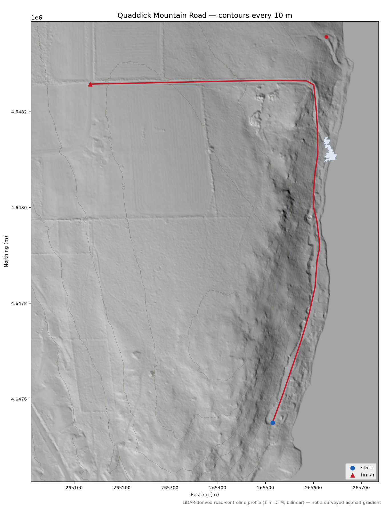 Quaddick Mountain Road LiDAR hillshade map with contours
