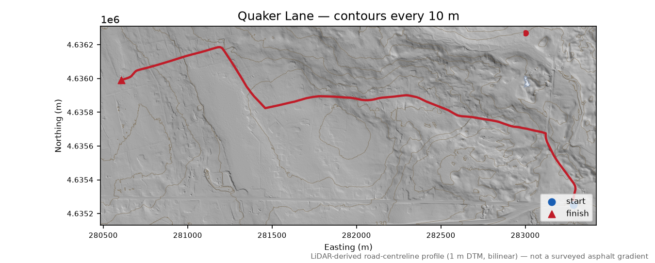 Quaker Lane LiDAR hillshade map with contours