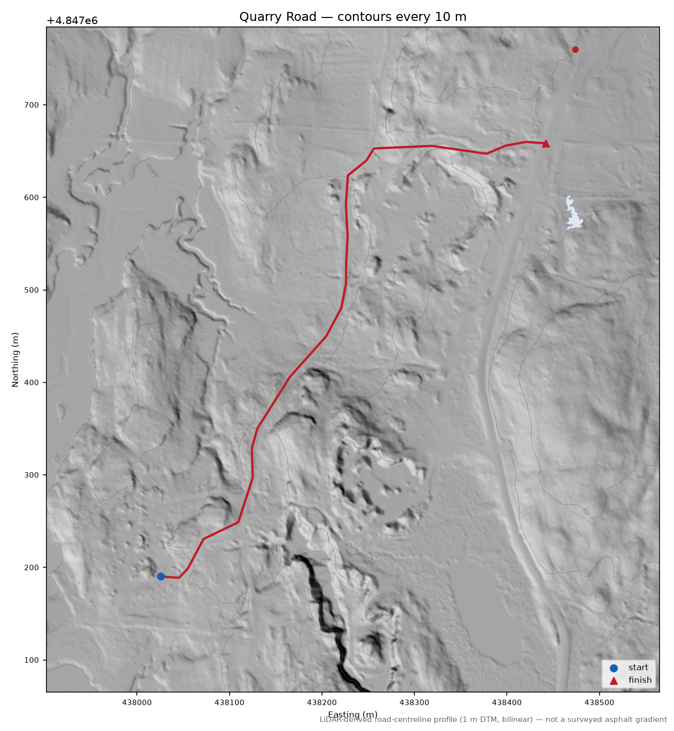 Quarry Road LiDAR hillshade map with contours