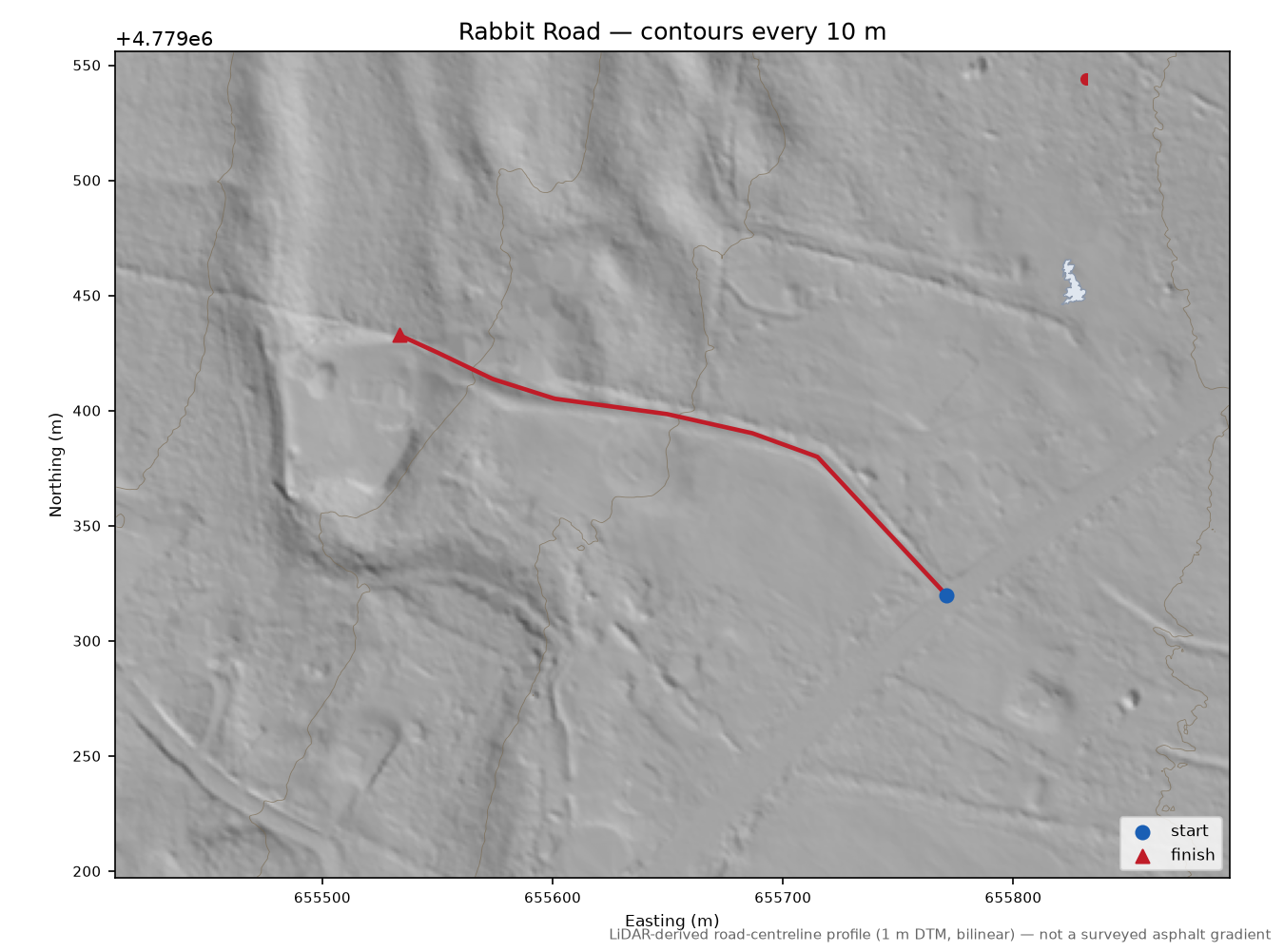 Rabbit Road LiDAR hillshade map with contours