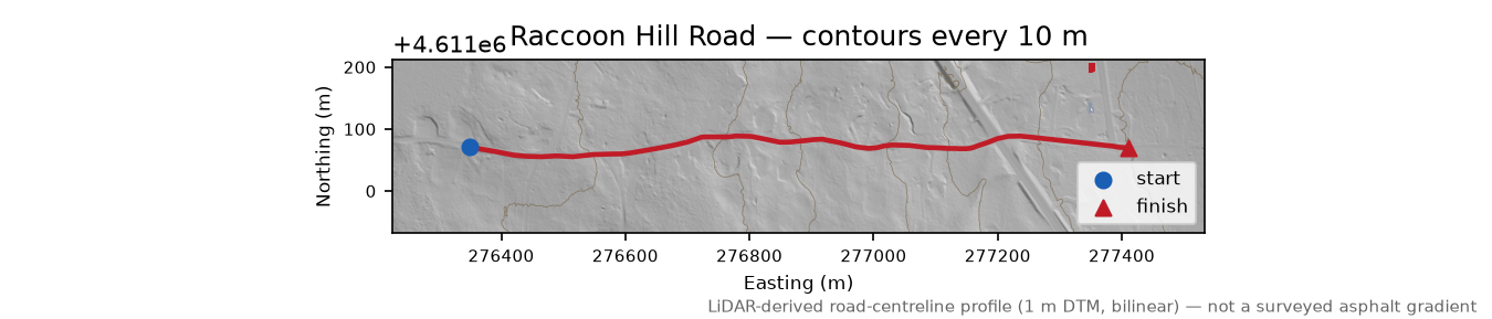 Raccoon Hill Road LiDAR hillshade map with contours