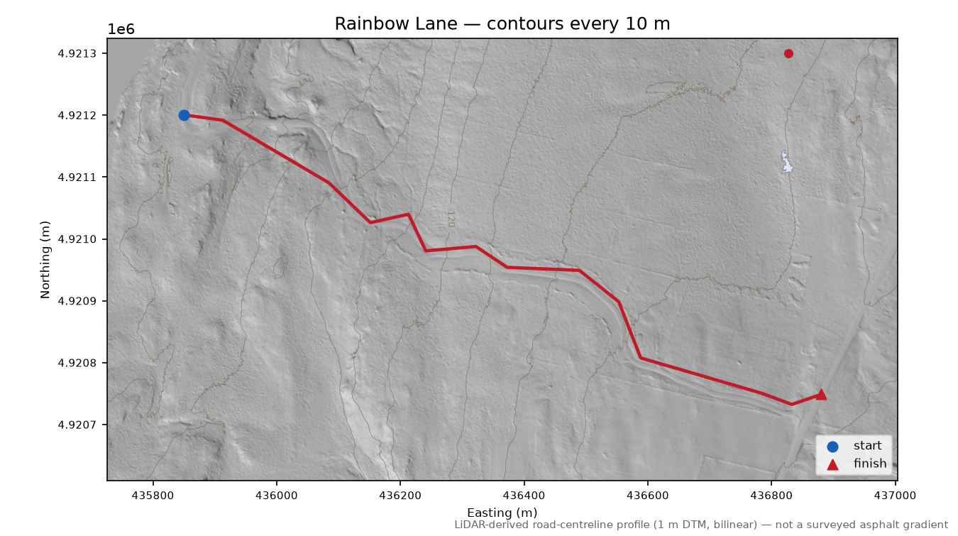 Rainbow Lane LiDAR hillshade map with contours