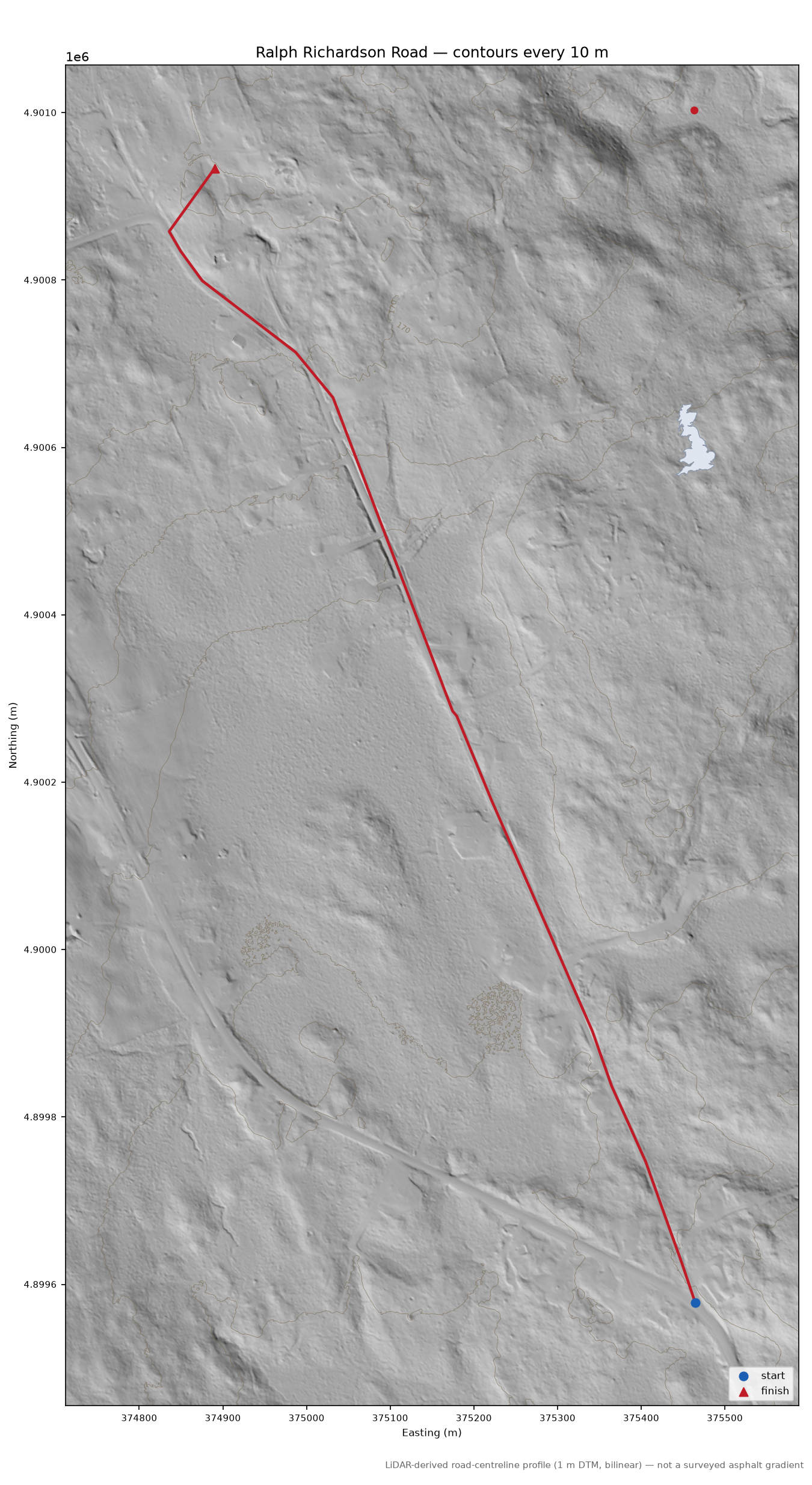 Ralph Richardson Road LiDAR hillshade map with contours