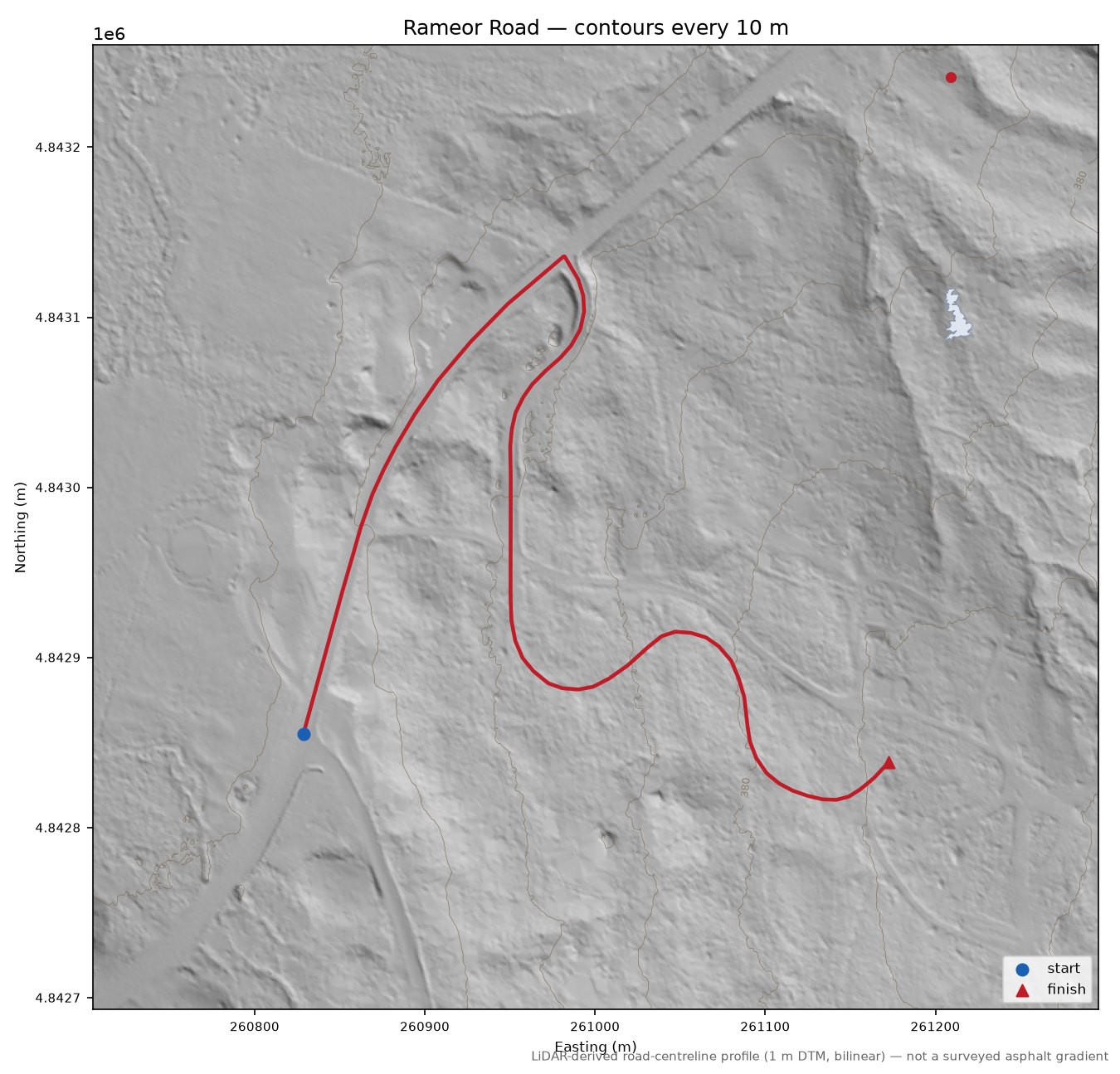 Rameor Road LiDAR hillshade map with contours