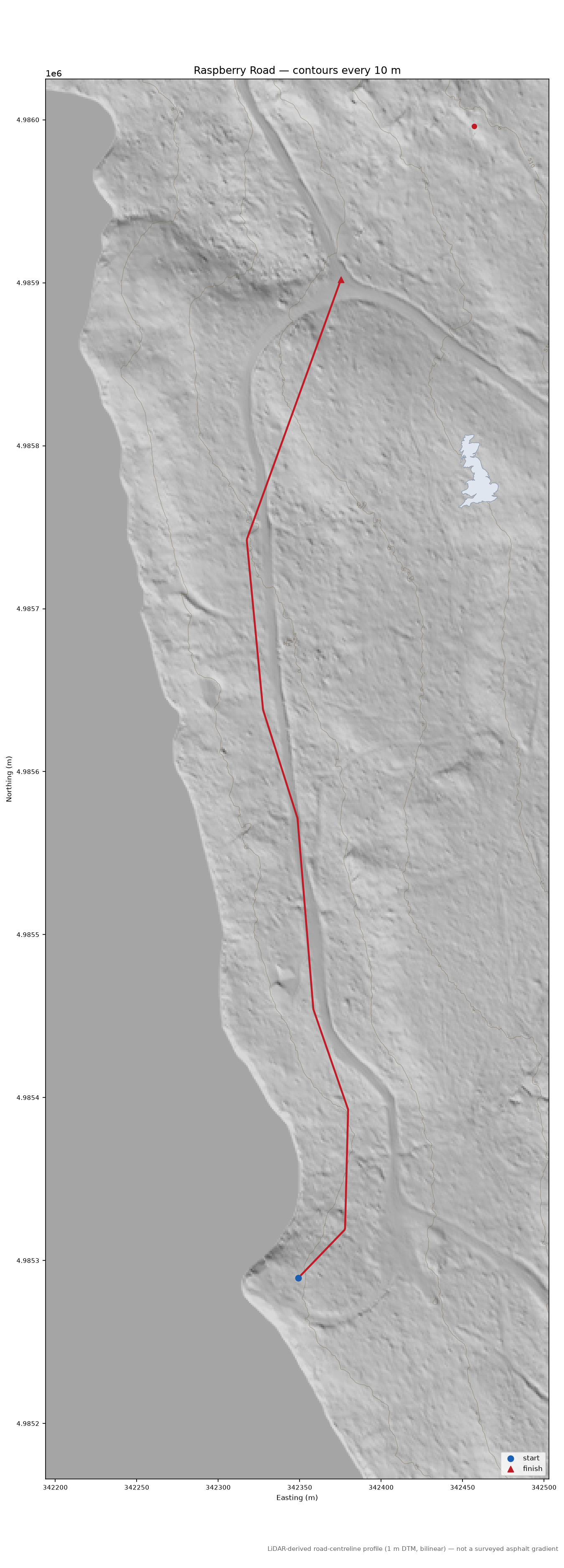 Raspberry Road LiDAR hillshade map with contours