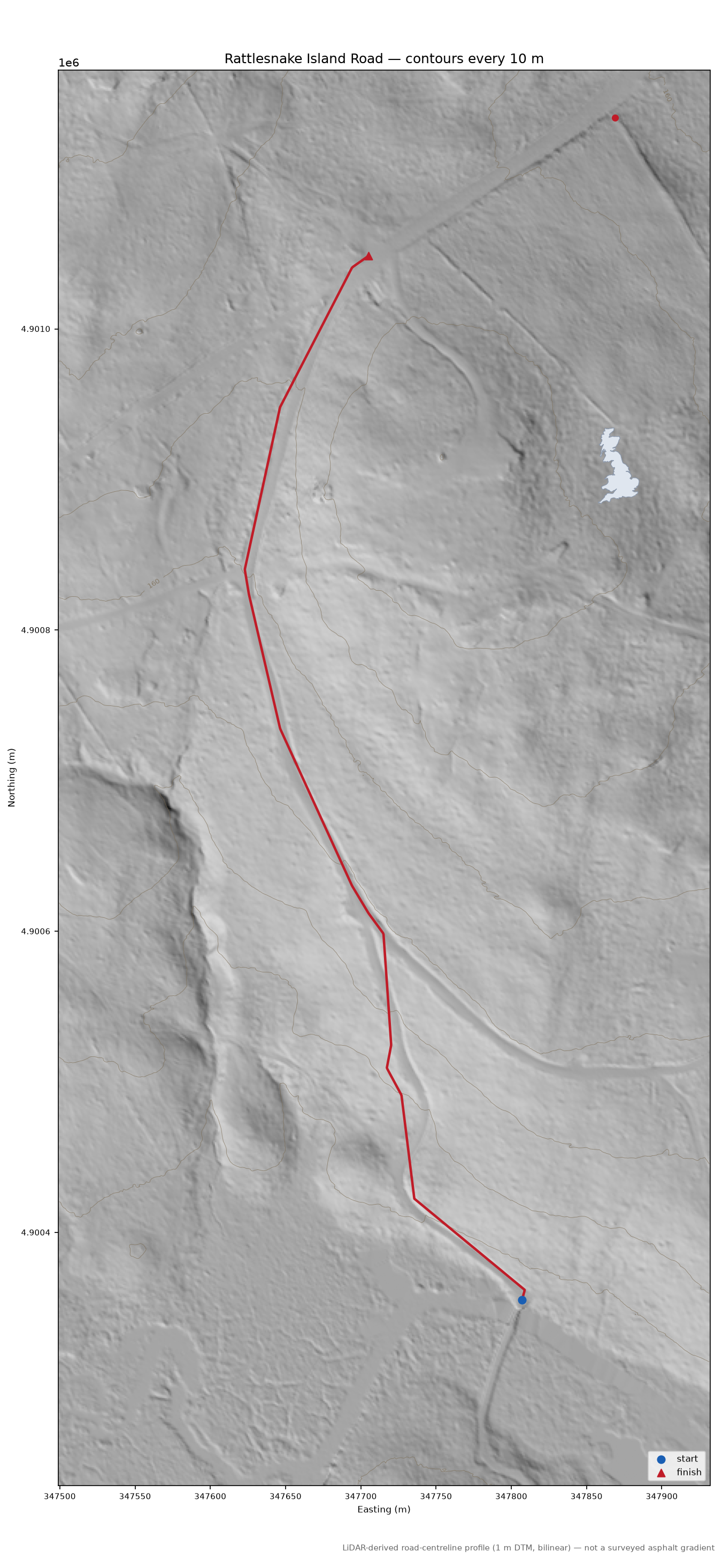 Rattlesnake Island Road LiDAR hillshade map with contours