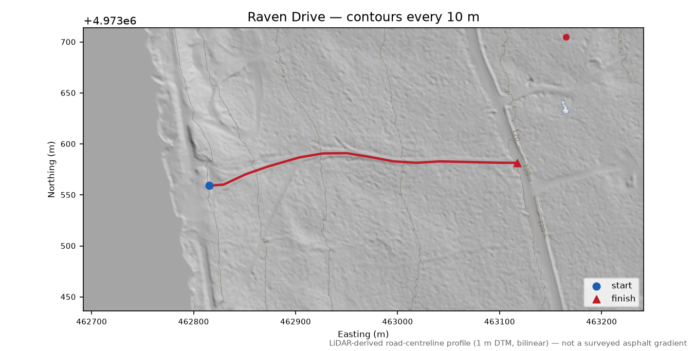 Raven Drive LiDAR hillshade map with contours