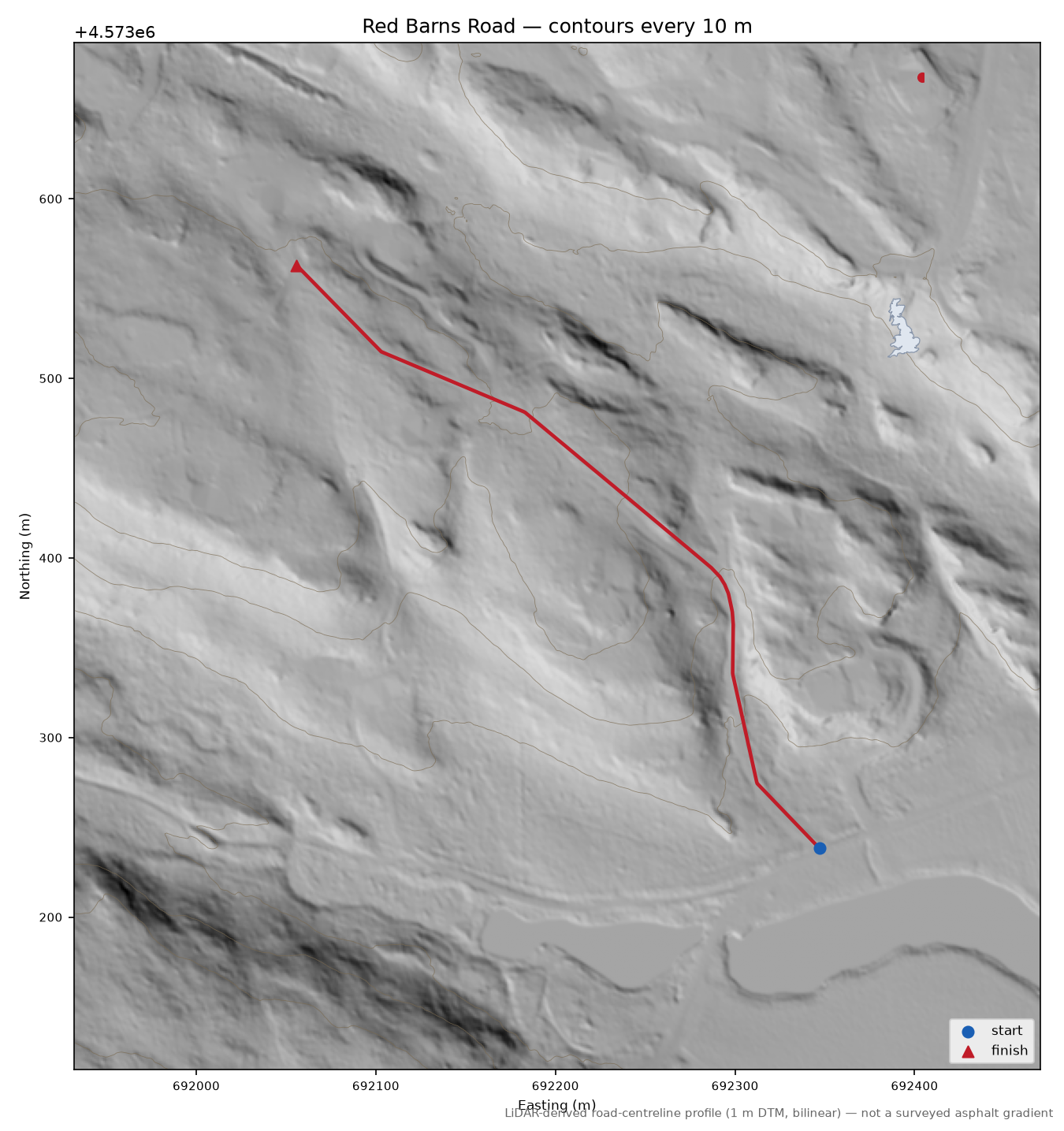 Red Barns Road LiDAR hillshade map with contours