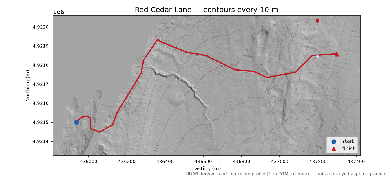 Red Cedar Lane LiDAR hillshade map with contours
