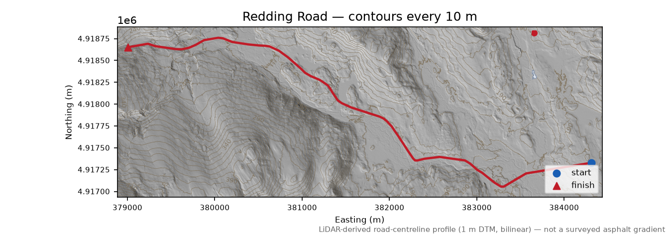 Redding Road LiDAR hillshade map with contours