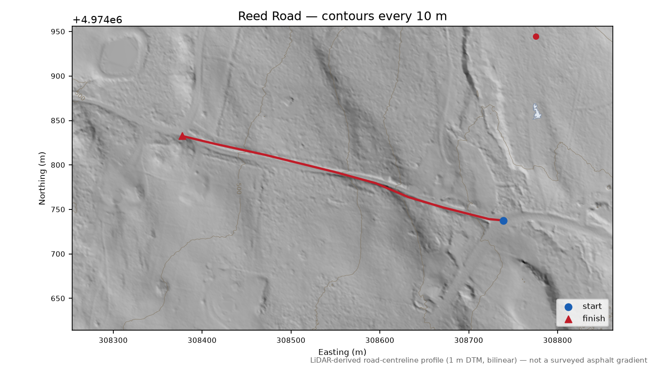 Reed Road LiDAR hillshade map with contours