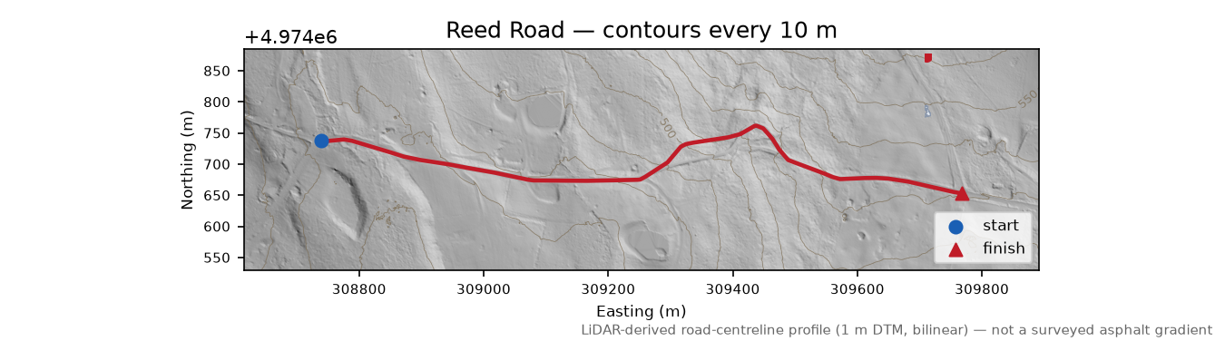 Reed Road LiDAR hillshade map with contours