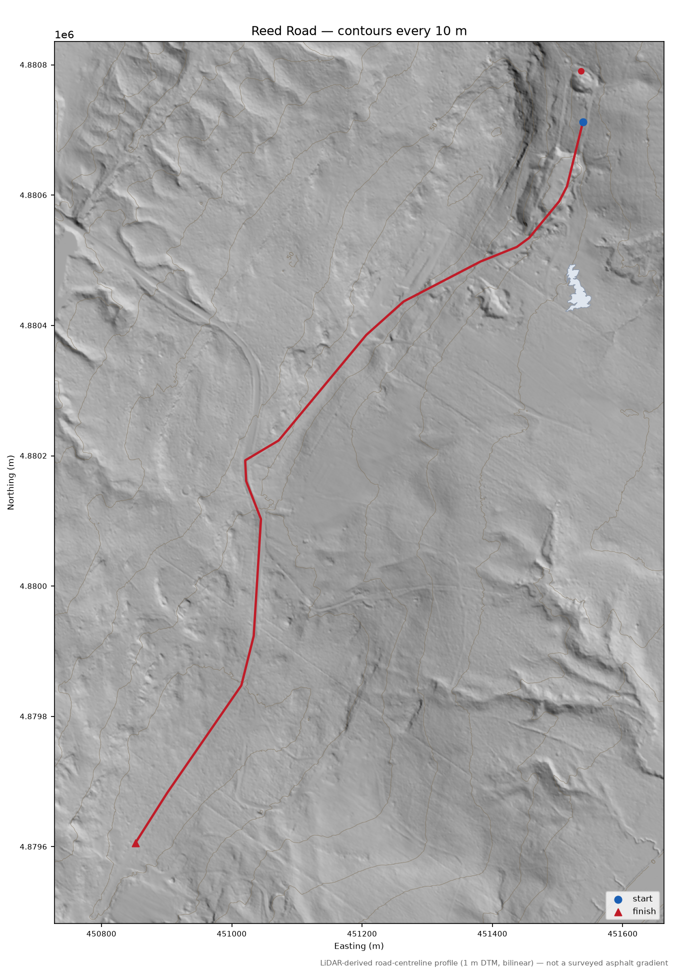 Reed Road LiDAR hillshade map with contours