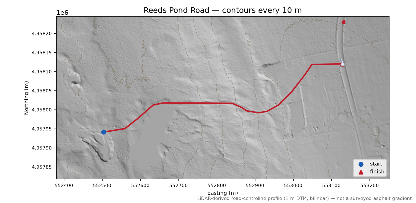Reeds Pond Road LiDAR hillshade map with contours