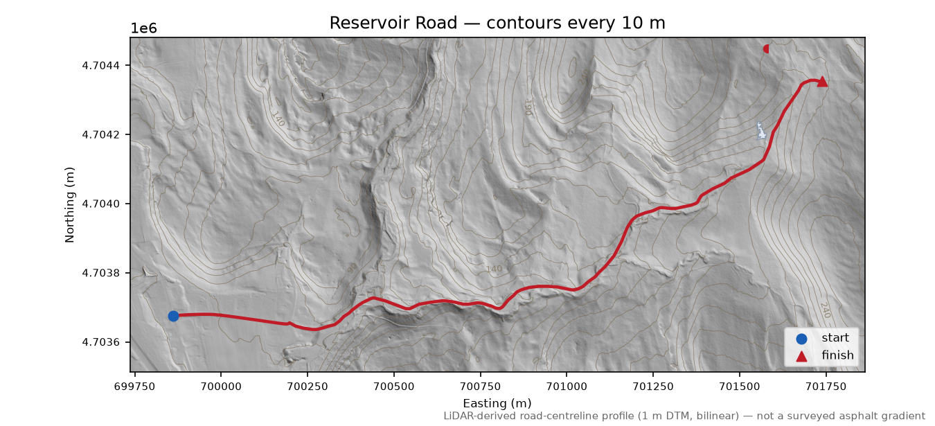 Reservoir Road LiDAR hillshade map with contours