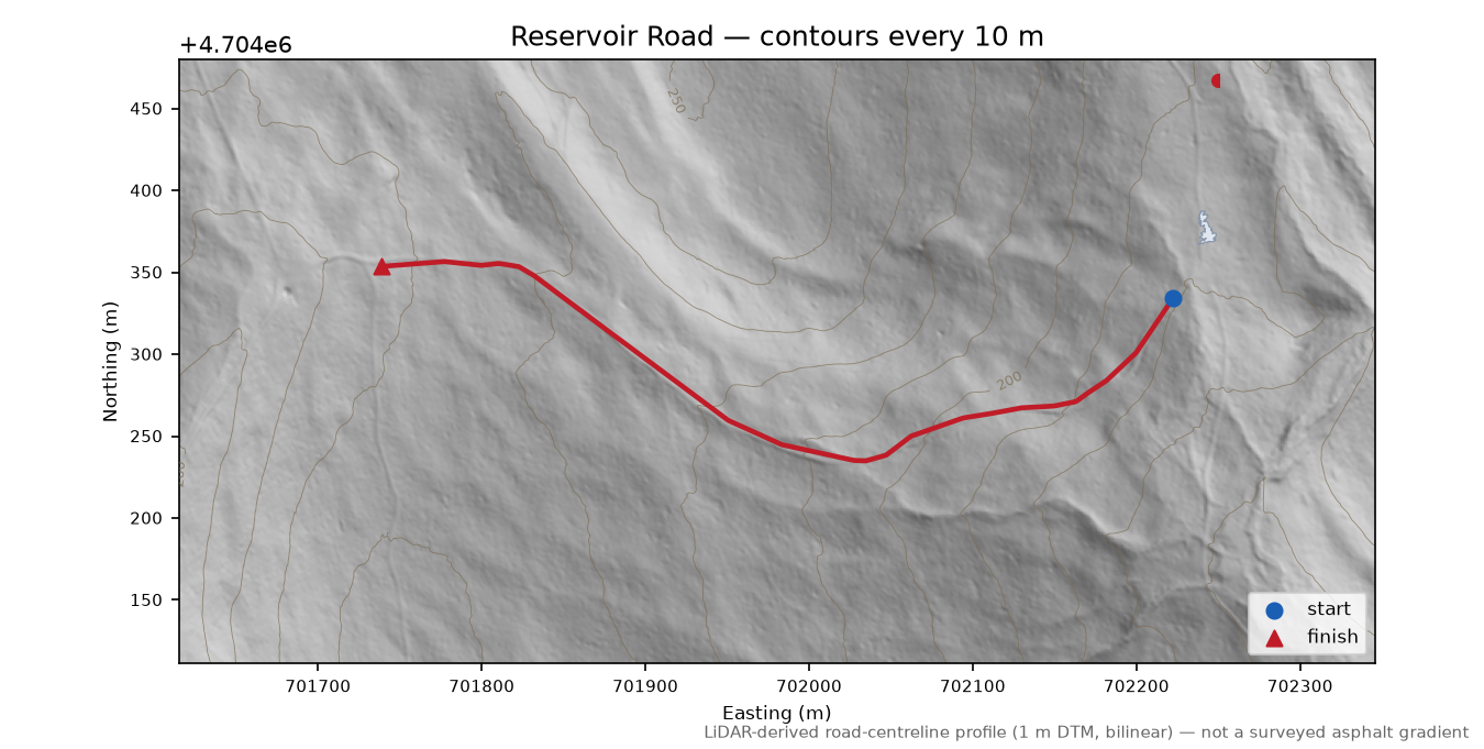 Reservoir Road LiDAR hillshade map with contours