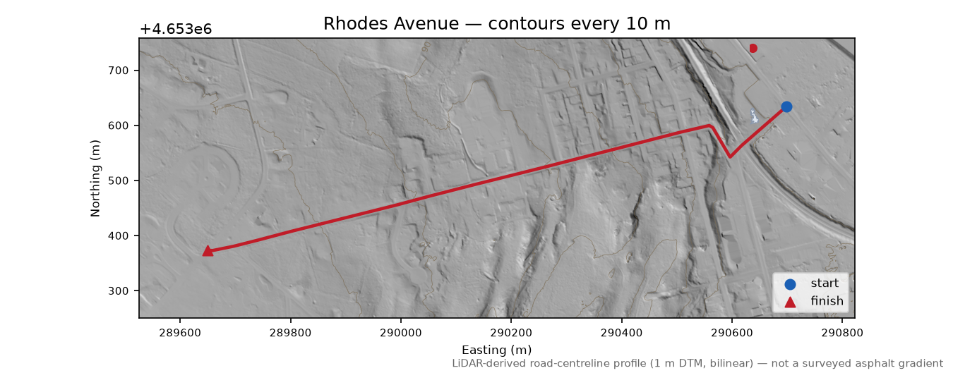 Rhodes Avenue LiDAR hillshade map with contours