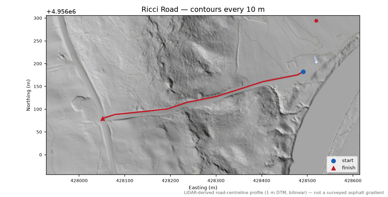 Ricci Road LiDAR hillshade map with contours