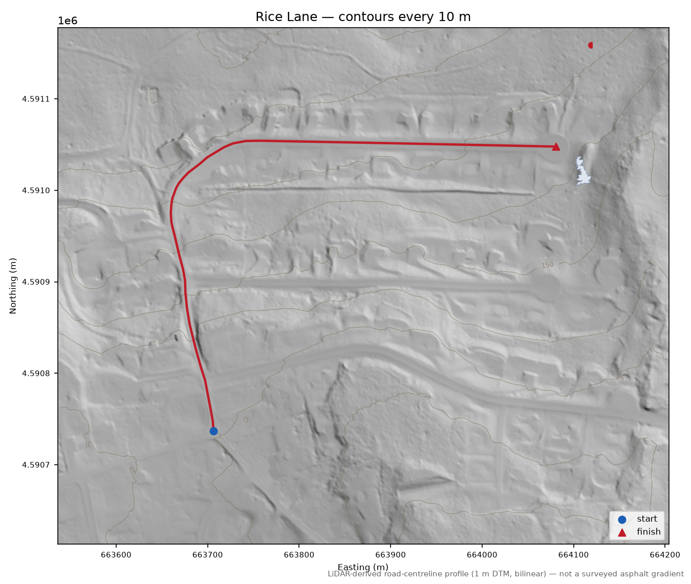 Rice Lane LiDAR hillshade map with contours