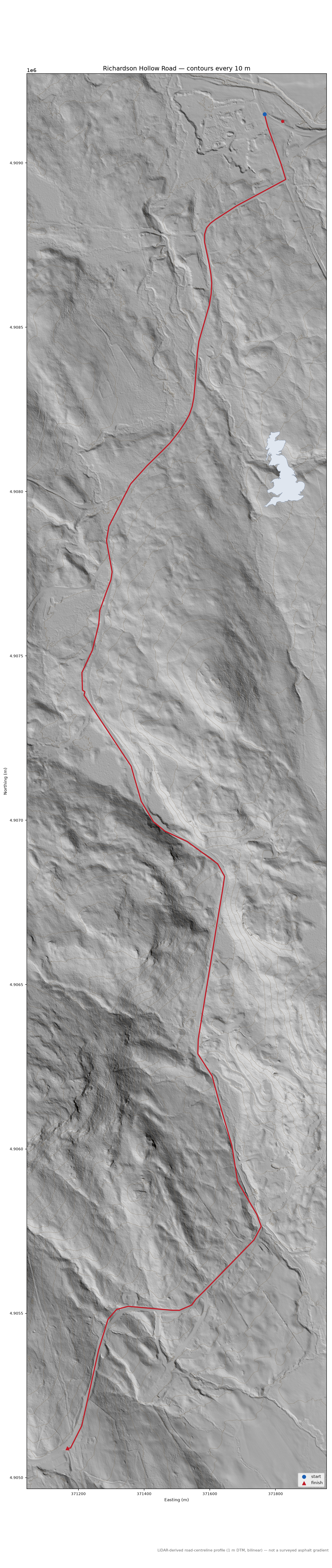 Richardson Hollow Road LiDAR hillshade map with contours