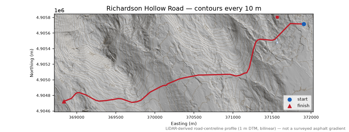 Richardson Hollow Road LiDAR hillshade map with contours