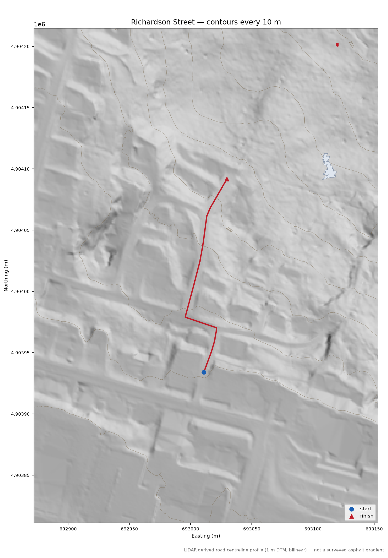 Richardson Street LiDAR hillshade map with contours