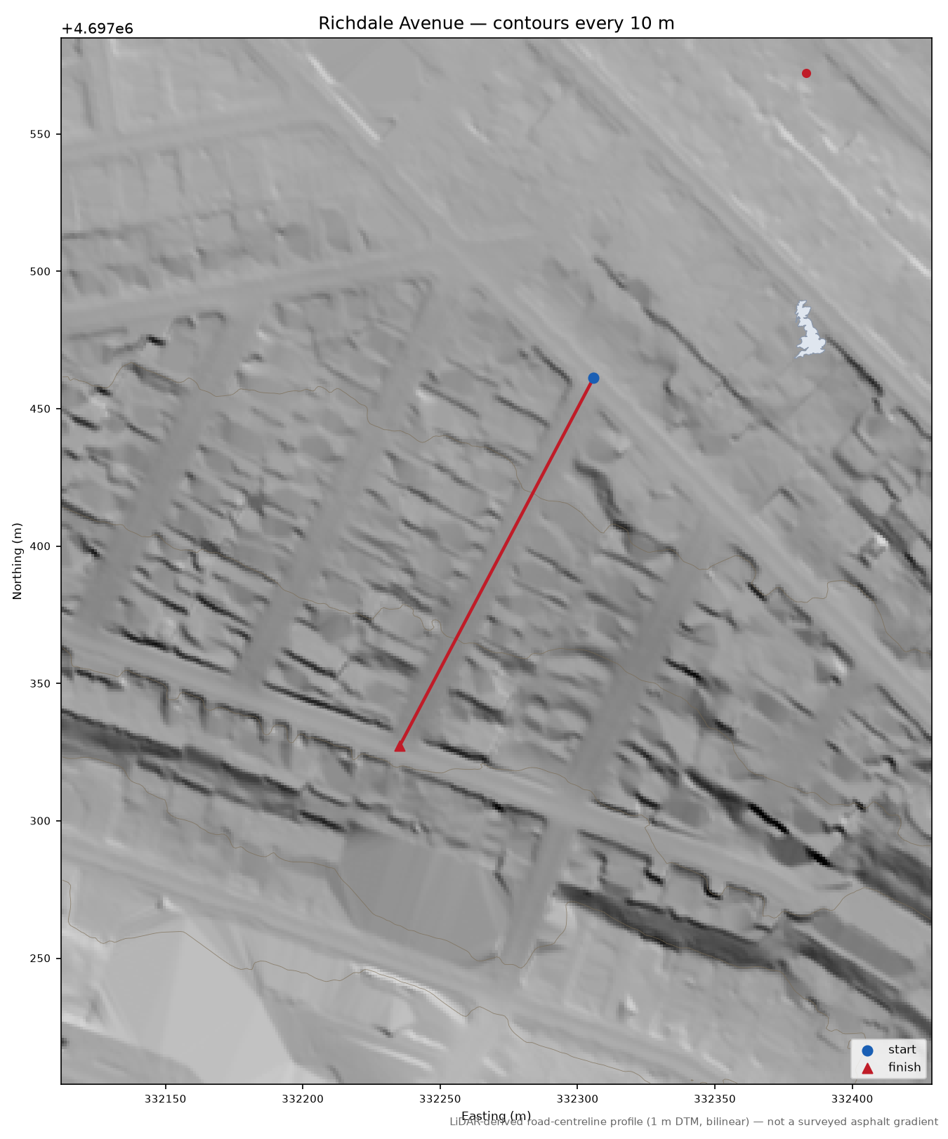 Richdale Avenue LiDAR hillshade map with contours