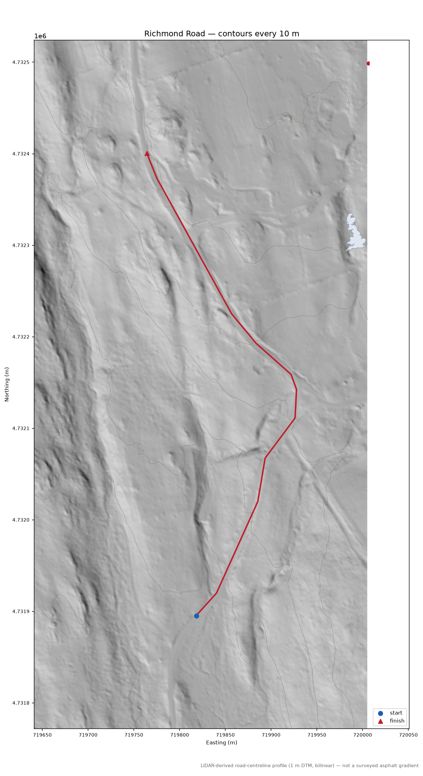 Richmond Road LiDAR hillshade map with contours