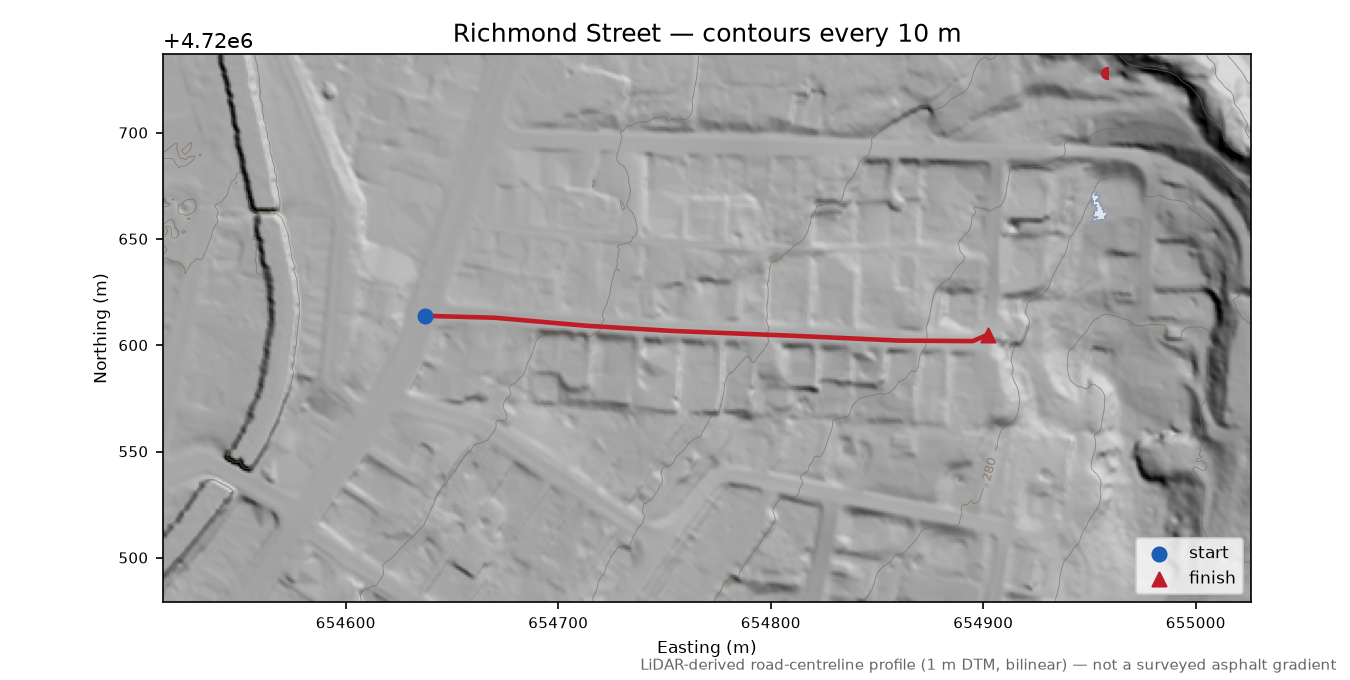 Richmond Street LiDAR hillshade map with contours