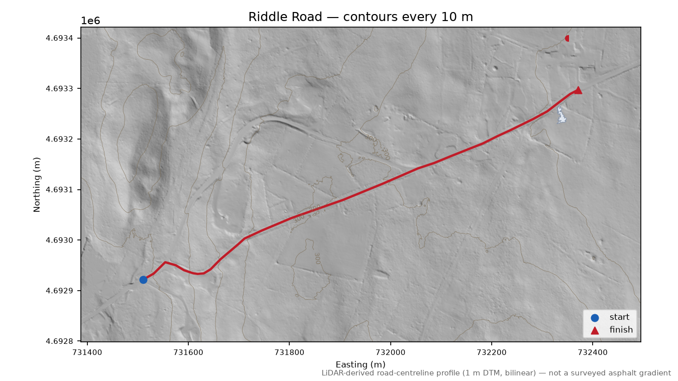 Riddle Road LiDAR hillshade map with contours