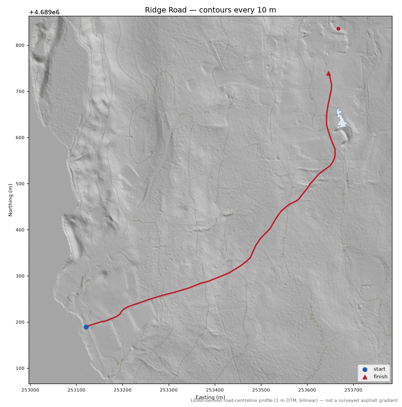Ridge Road LiDAR hillshade map with contours
