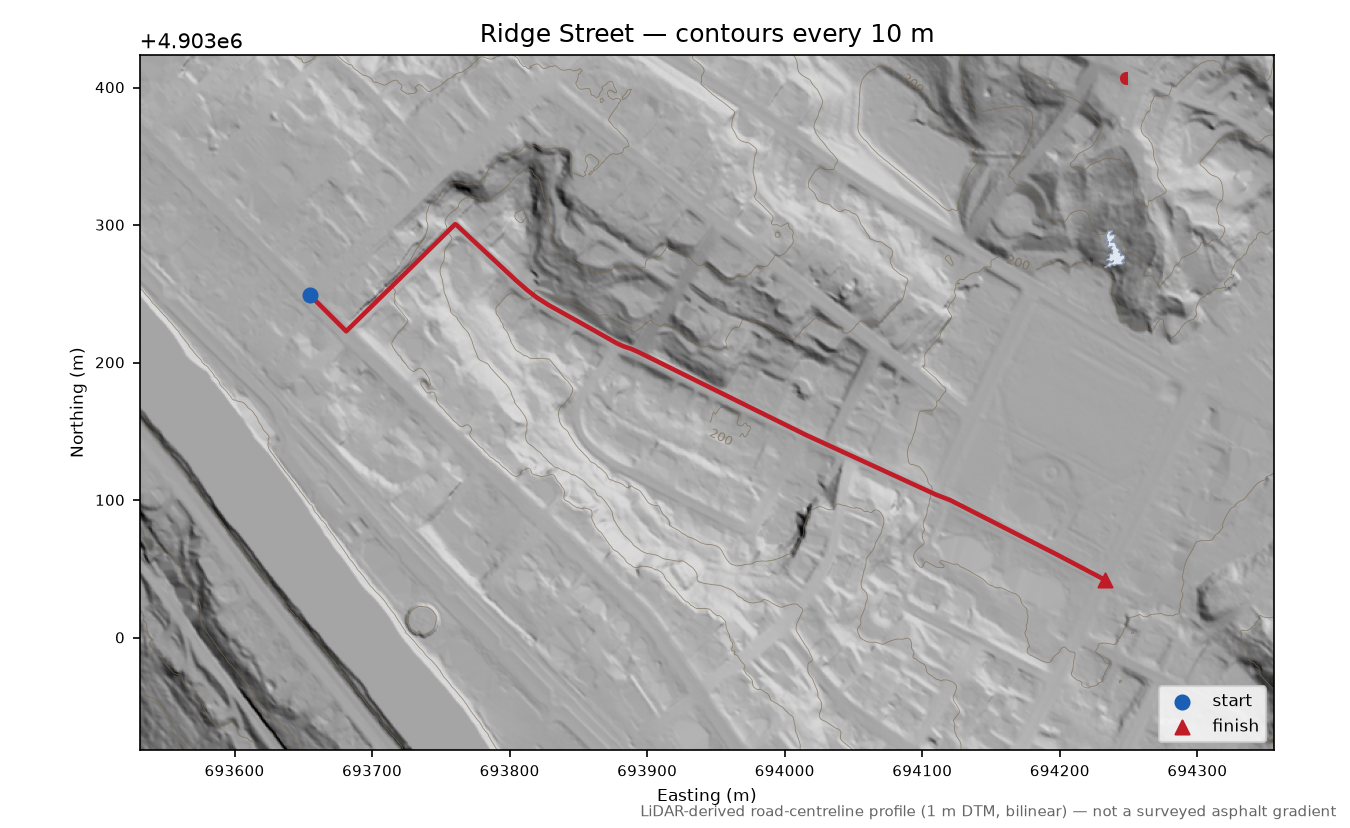 Ridge Street LiDAR hillshade map with contours