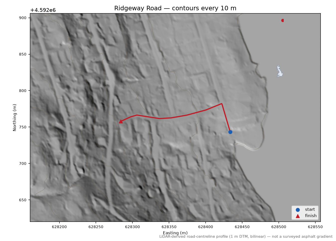 Ridgeway Road LiDAR hillshade map with contours