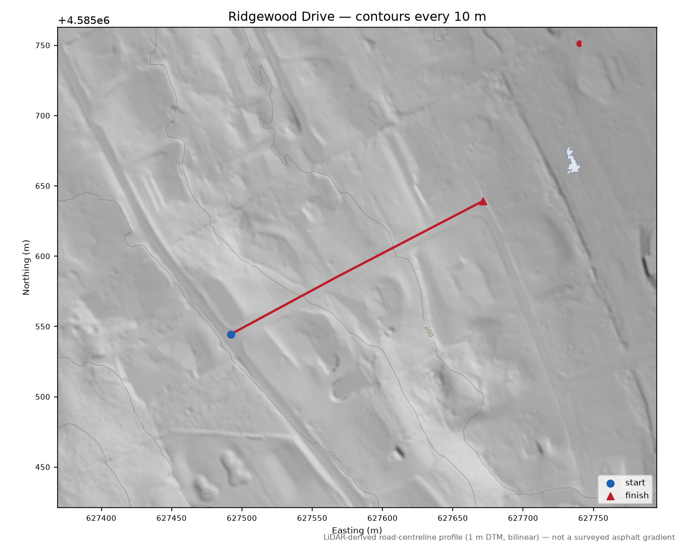 Ridgewood Drive LiDAR hillshade map with contours