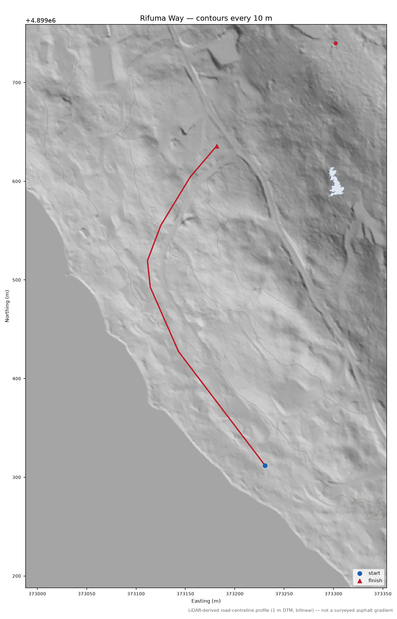 Rifuma Way LiDAR hillshade map with contours